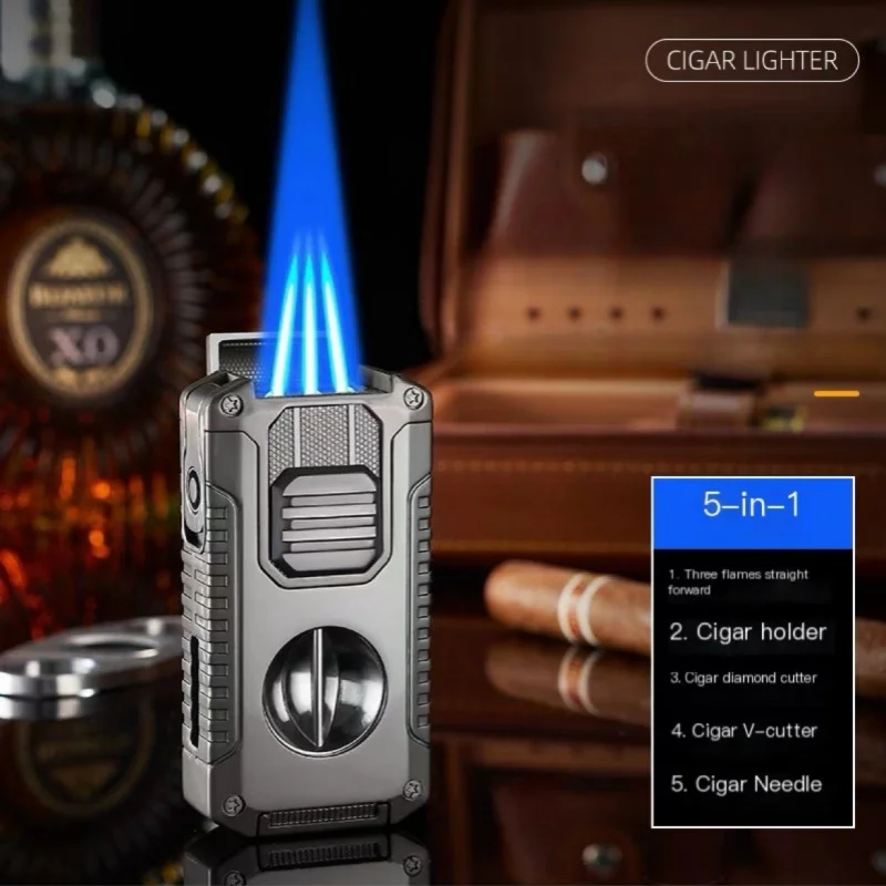 5-in-1 Multifunctional Cigar Lighter Metal Windproof 3 Jet Flame Cigar Holder V Scissor Driller High Quality Butane Gas Lighters