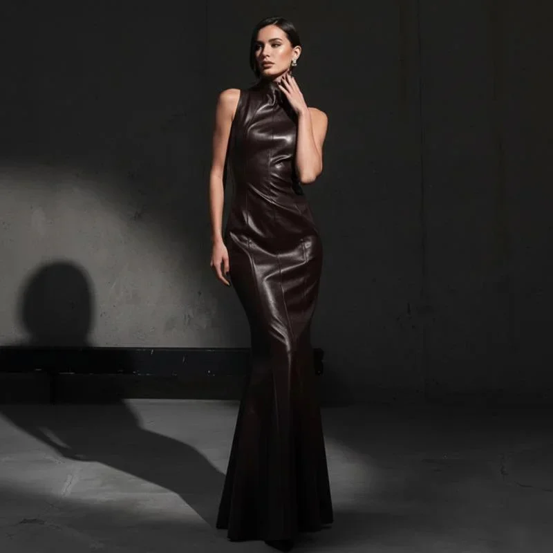 

Women Faux Leather Sleeveless Maxi Dress High Neck High Waist Bodycon Mermaid Gown For Evening Party Cocktail Date Night Formal