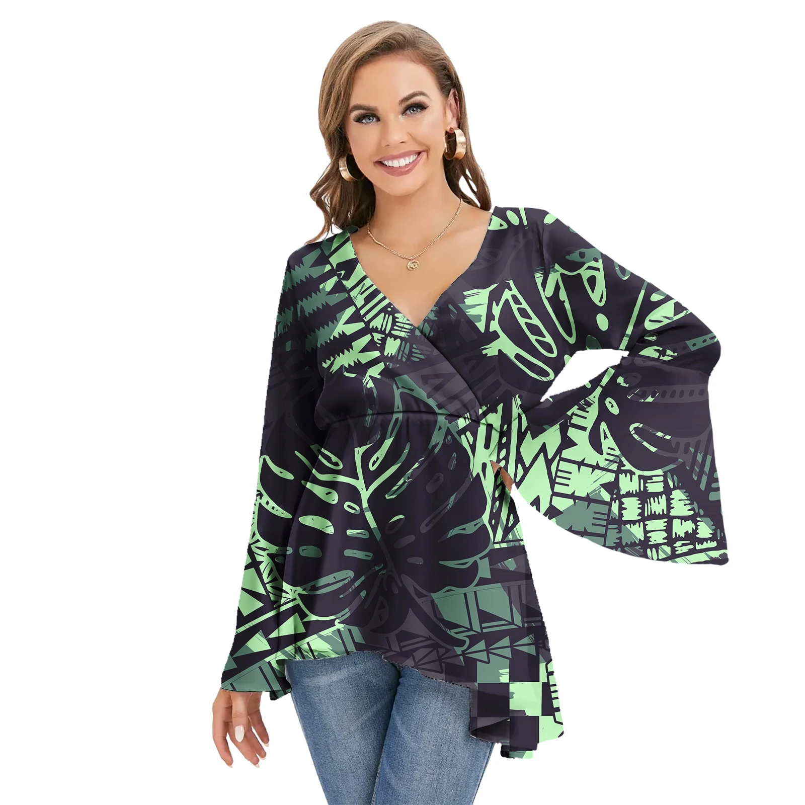 Wholesale Samoan Style Polynesian Tribal Women Long Sleeve Floral Printed Shirts Custom Women Summer T-shirts Blouse