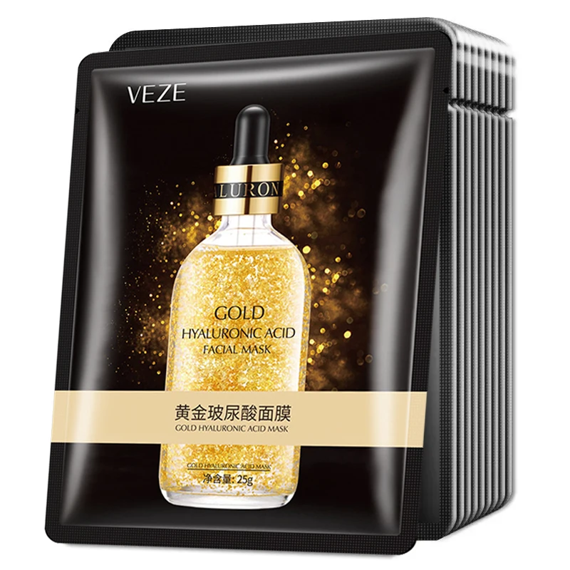 10 Stück 24K Gold Hyaluronsäure Gesichtsmaske Straffende Feuchtigkeitsspendende Hydratisierende Schönheitspflege Blattmasken Gesichtsmaske Gesichtspflege