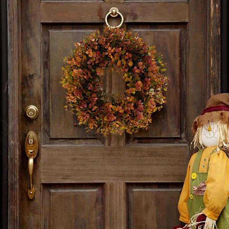 45cm Hanging Artificial Autumn Wreath Garden Farmhouse  Simulation Eucalyptus Wreath Background Wall Window Front Door Wreath