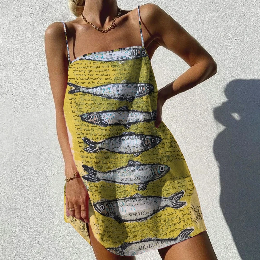 Yellow Sardine Print Braces Skirt Women's Y2K Retro Style Printed Dress Pattern Sundress Hot Selling 2024 Summer Clothing