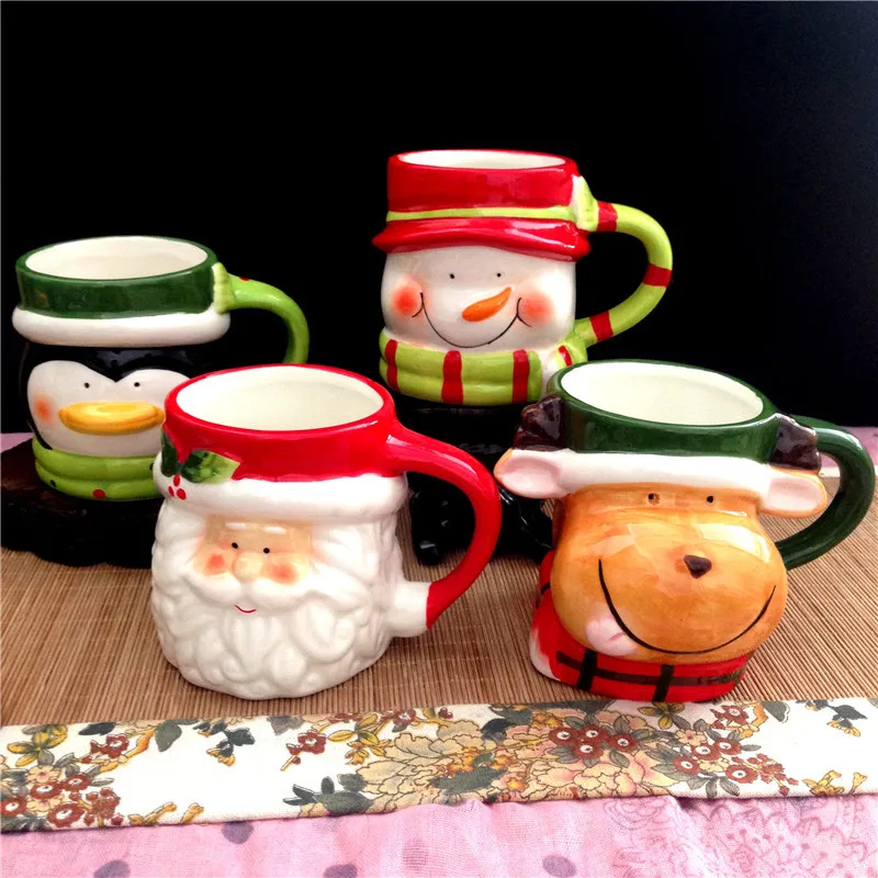 Christmas Gift Ceramic Animal Cup Santa Claus Couple Water Caribou Cartoon Glass Snowman Penguin Creative Coffee Mug with Elk