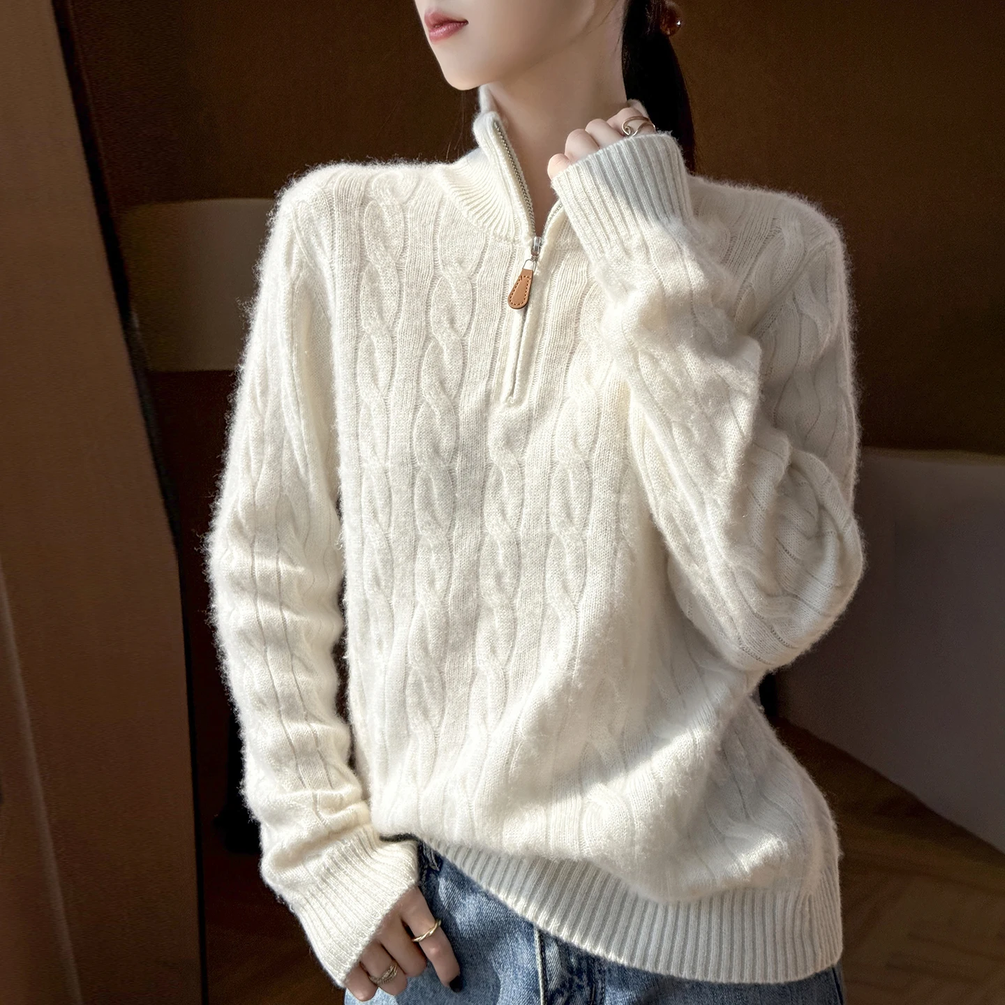 

Winter Half zipper Decoration Pullover Women Knitwear Pure Australian Wool High Neck Twisted Pattern Style Thicken Loose Tops