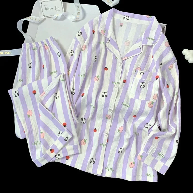 Autumn and Winter Women Pajamas Long Sleeve Trousers Cute Striped Panda Print Ladies Nightwear Cardigan Homewear Sleepwear