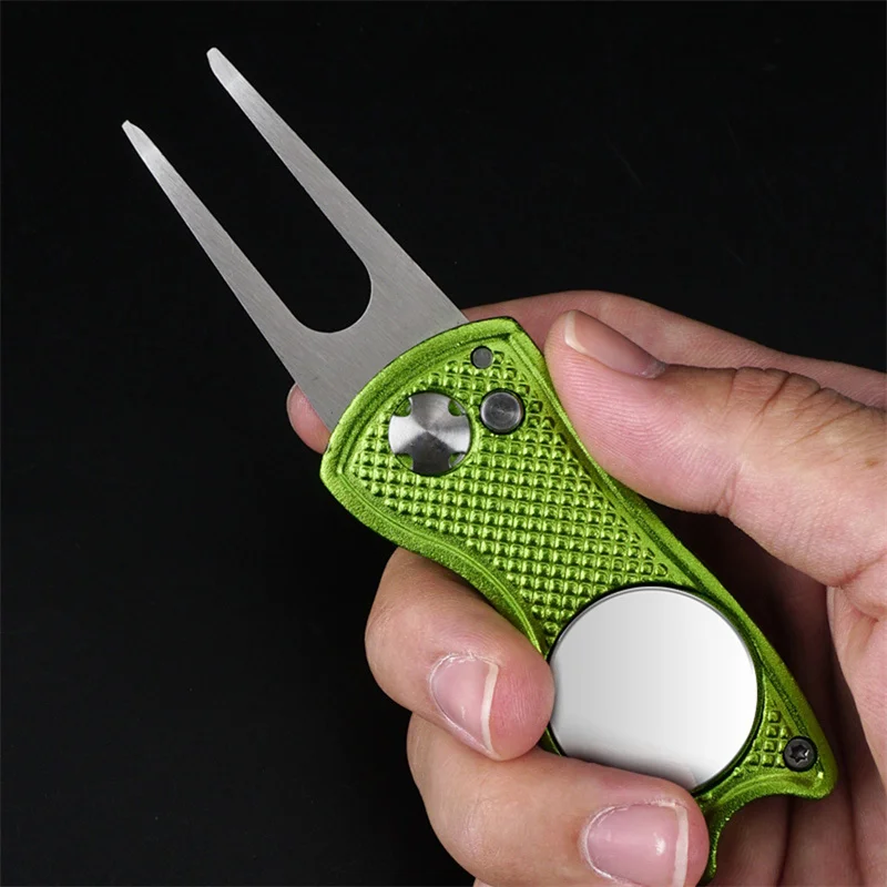 New Metal Foldable Golf Divot Repair Tool with Magnetic Ball Marker and Pop-up Button Green Tool Accessories Gift For Golfer