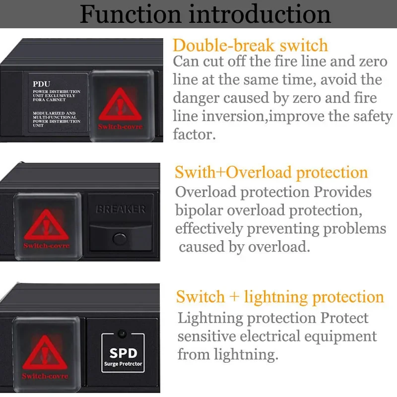 Industrial PDU Cabinet 19inch Power Extension Socket 8Bit Germany/French Outlets Plug Anti-thunder Overload Protection 1.8Meter