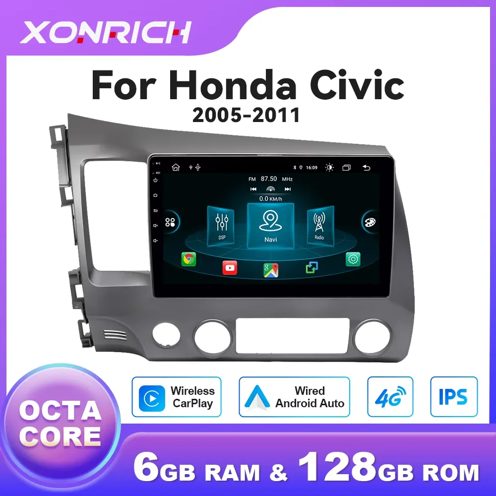 AI Voice Control Wireless Carplay Car Multimedia Player For Honda Civic 8 2005-2011 Android 12 Radio Navigation GPS Wifi DSP RDS