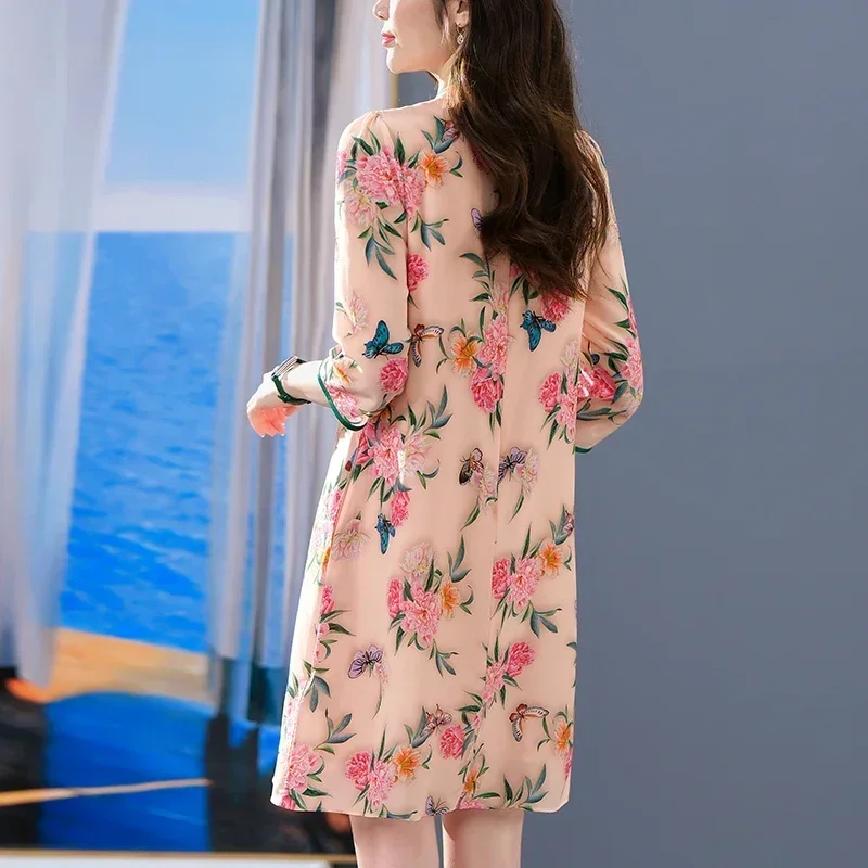 Chinese Style Women's Vintage Dresses 2023 Spring Summer Three Quarter Sleeve Floral Dress A-line 100% Real Silk Print Dress