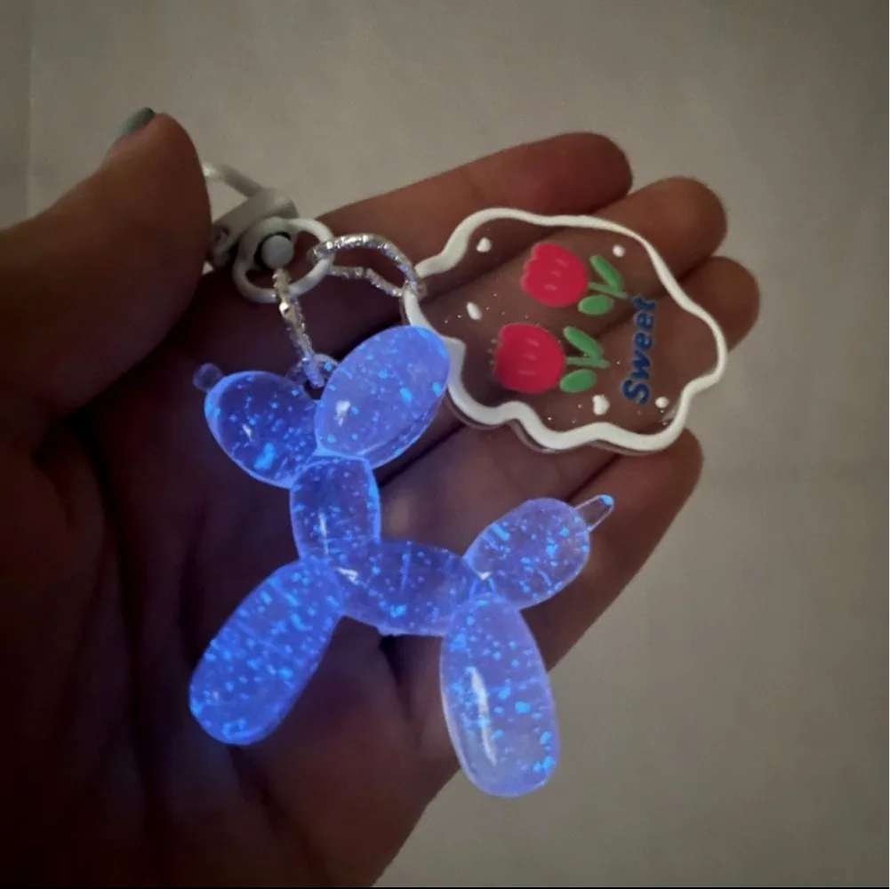 Glow In The Dark Balloon Dog Keychain for Women Cute Cartoon Bag Decoration Puppy Key Chain with Flower Charms Girl Friend Gift