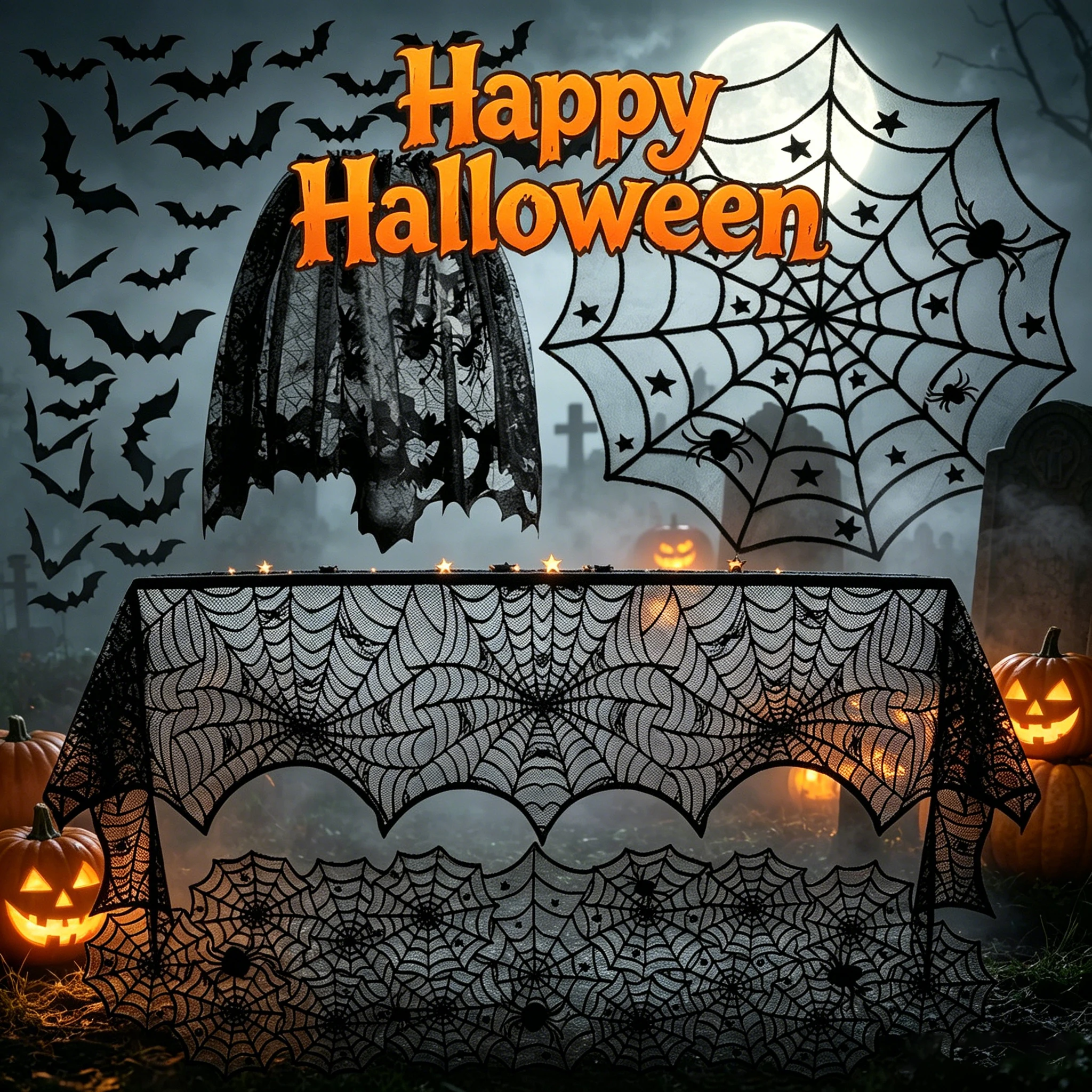 Halloween Lace Spider Web Table Runners Skull Skeleton Black Tablecloth Fireplace Cloth House Prop Halloween Decoration