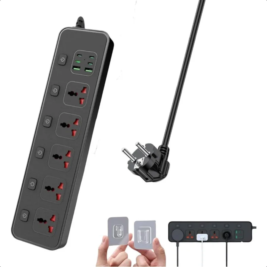 

European Travel Plug Adapter with Individual Swtich 6ft Universal Power Strip with 5 Outlets and 6 USB 4 USB C Max 3000w 110240