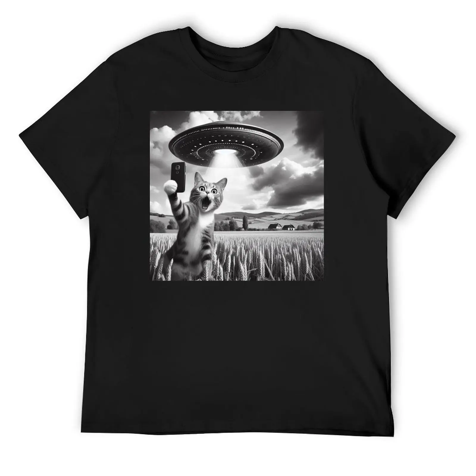 

Cat Selfie With Alien UFO Funny Cat T-Shirt plain cute tops blanks man clothes men t shirt