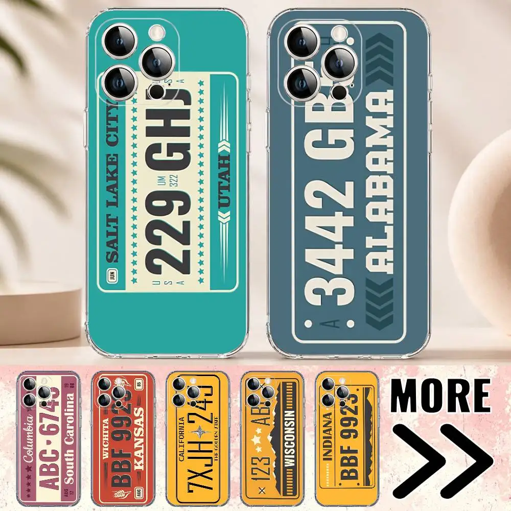 

Retro Vintage License Plate Car Phone Case for iPhone 17 16 16E Pro Plus Air 15 14 Max Mini 12 11 Transparent Protector