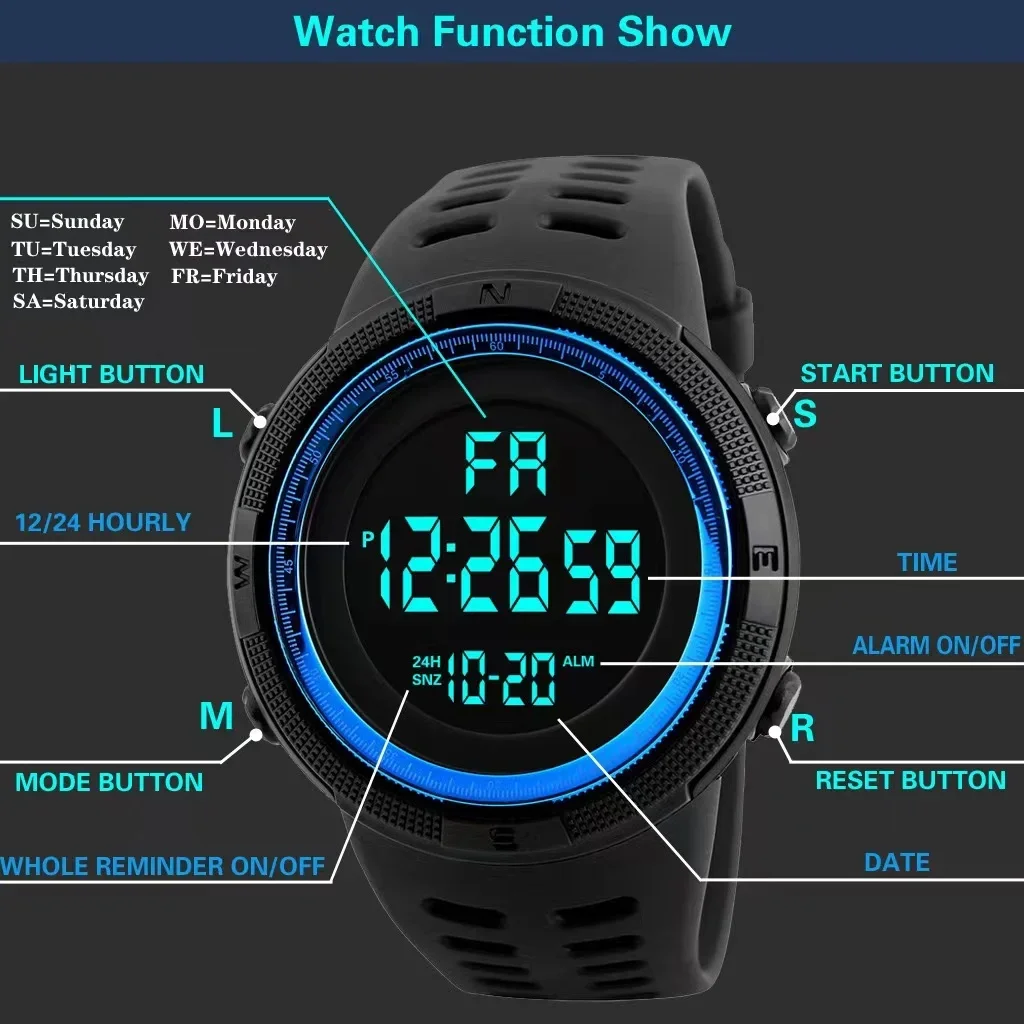 New 1251 Multifunction Watches Alarm Clock Chrono 5Bar Waterproof Digital Watch reloj hombre Outdoor Sport Watch Men