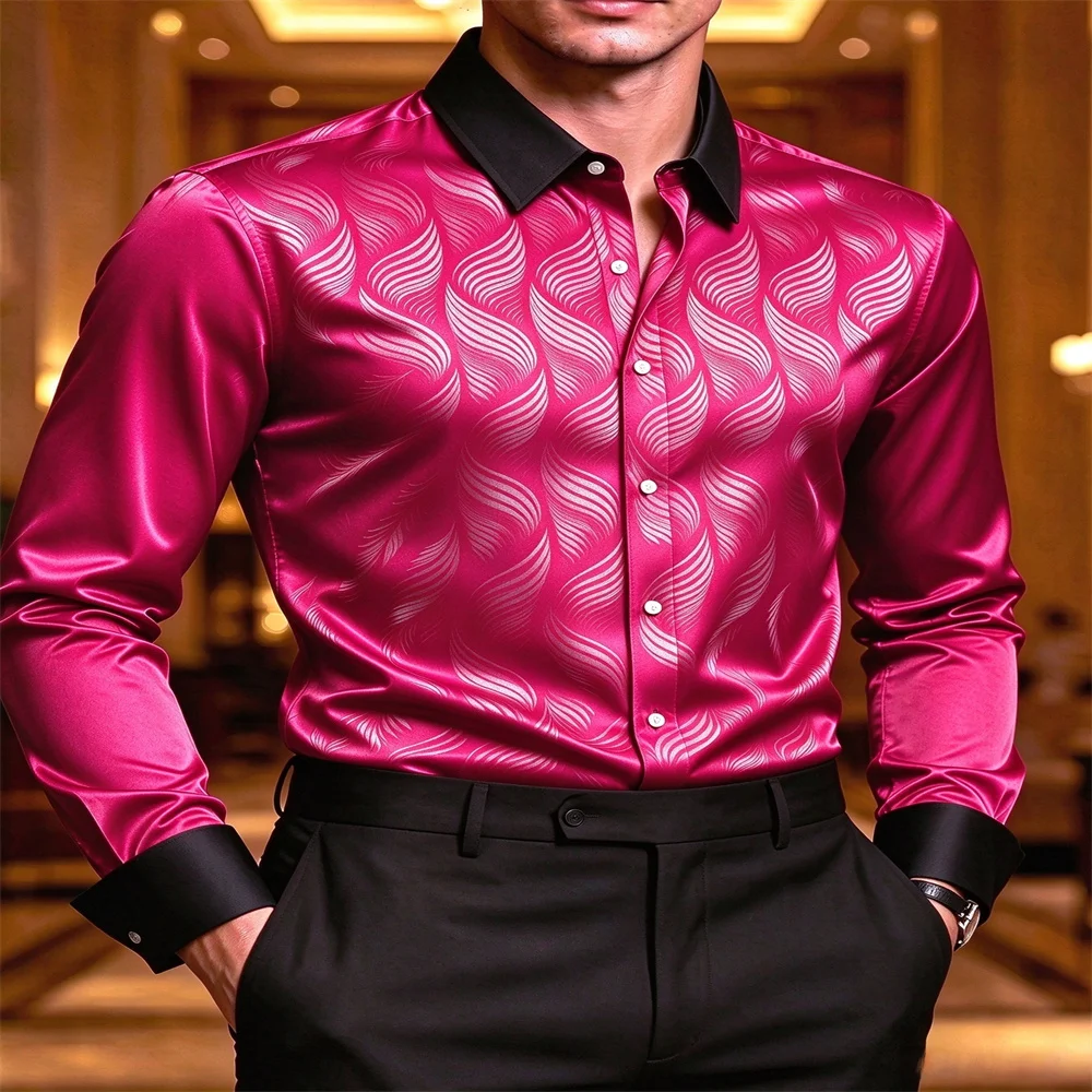 Men Luxury Satin Long Sleeve Shirt Black Contrast Collar Feather Print Slim Fit Button Up Dress Shirt Wedding Party Business Soc