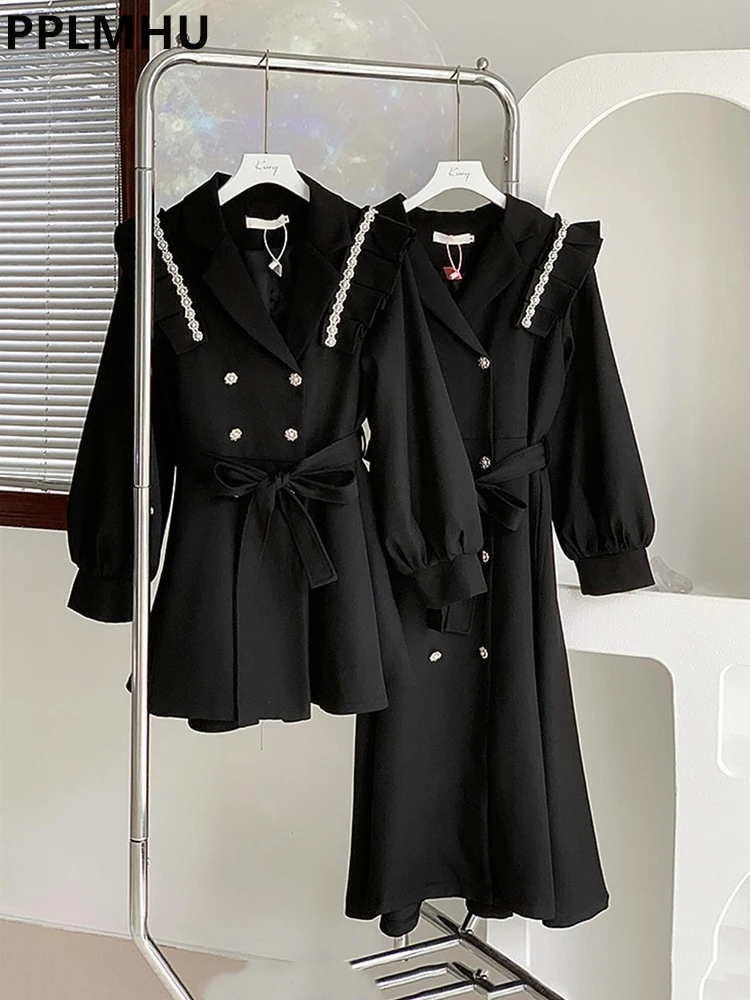 

Black Korean Beaded Pearls Trench Coats Women Casual Slim Short/Long Gabardina Skirt Design Jackets New Windbreaker Sweet Abrigo