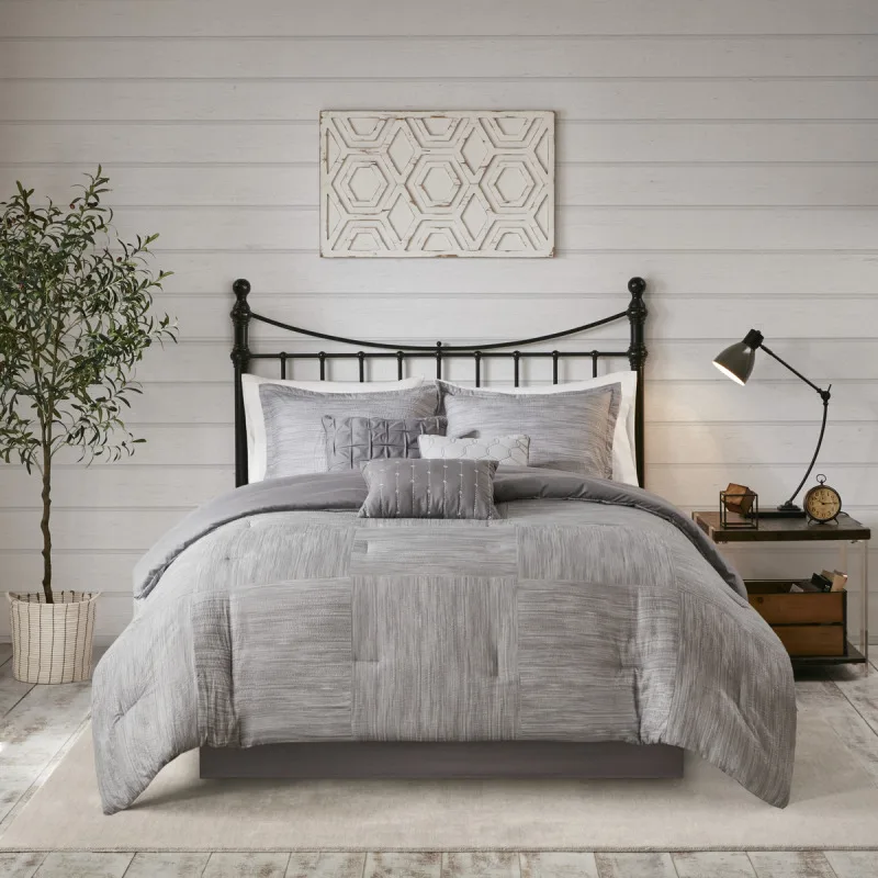 

7 Piece Printed Seersucker Comforter Set Grey King
