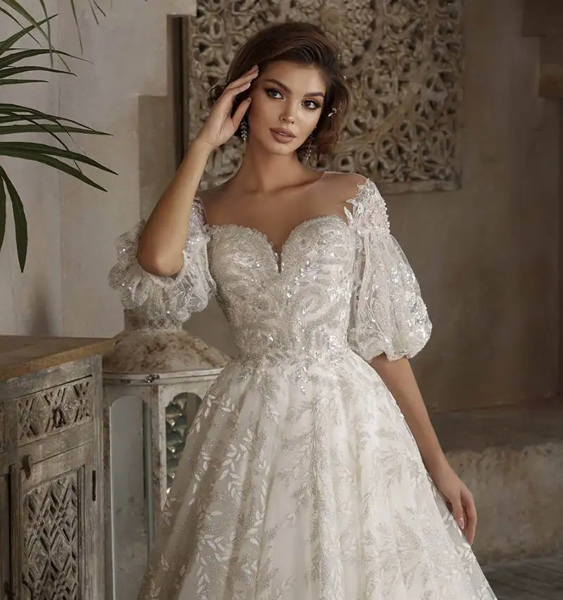 Dreamy A-Line Gown Wedding Dresses Appliques Flowers Pearls Lace Bridal Gowns Big Size Vestidos De Novia Custom Size Colour