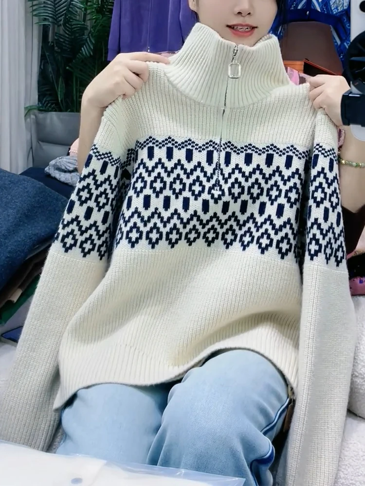 

Thiened Knitted Sweater Autumn Winter Artistic Sle Printed High-End Feeling Medium Length Large Size Top Korean Sle Com...