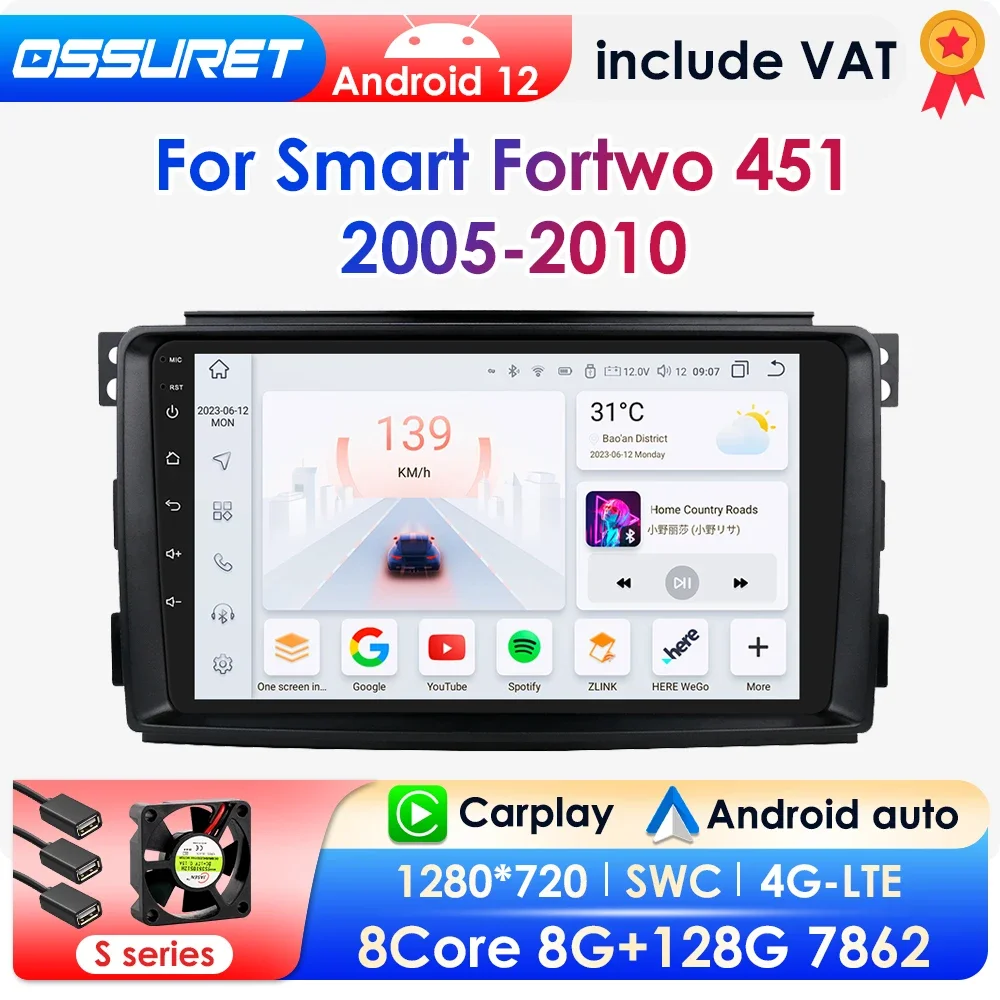 Android Car Radio For Smart Fortwo 451 2005-2010 Wireless CarPlay Android Auto Car Multimedia GPS 2din autoradio Octa Core 7862