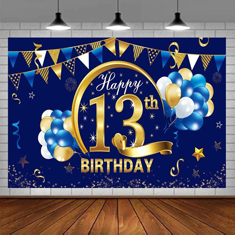 

Photography Backdrop For Boy - Blue Gold Party Supplies Thirteen 13th Teenager Birthday Background Banner Sign Poster Decor