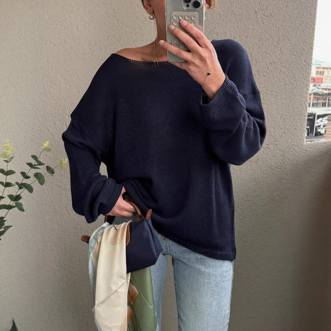 Mode femmes col rond mince tricoté pull solide à manches longues lâche Crochet pull 2025 été automne dame tricots Streetwear