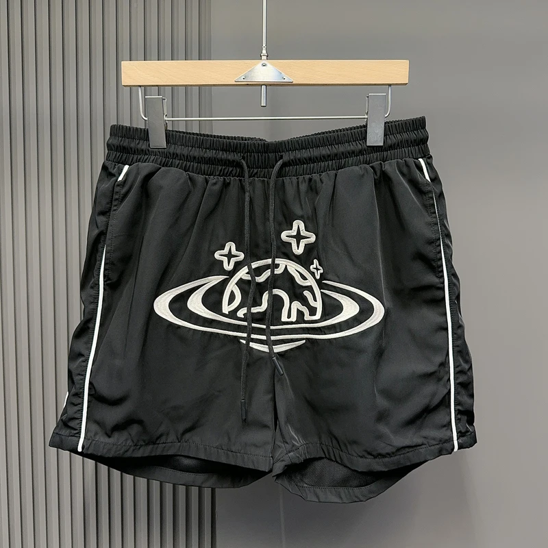Black Embroidery Cosmos Star Ring Basketball Shorts Mesh Quick Dry Jorts Men Women Loose Drawstring Windbreaker Sport Shortpants