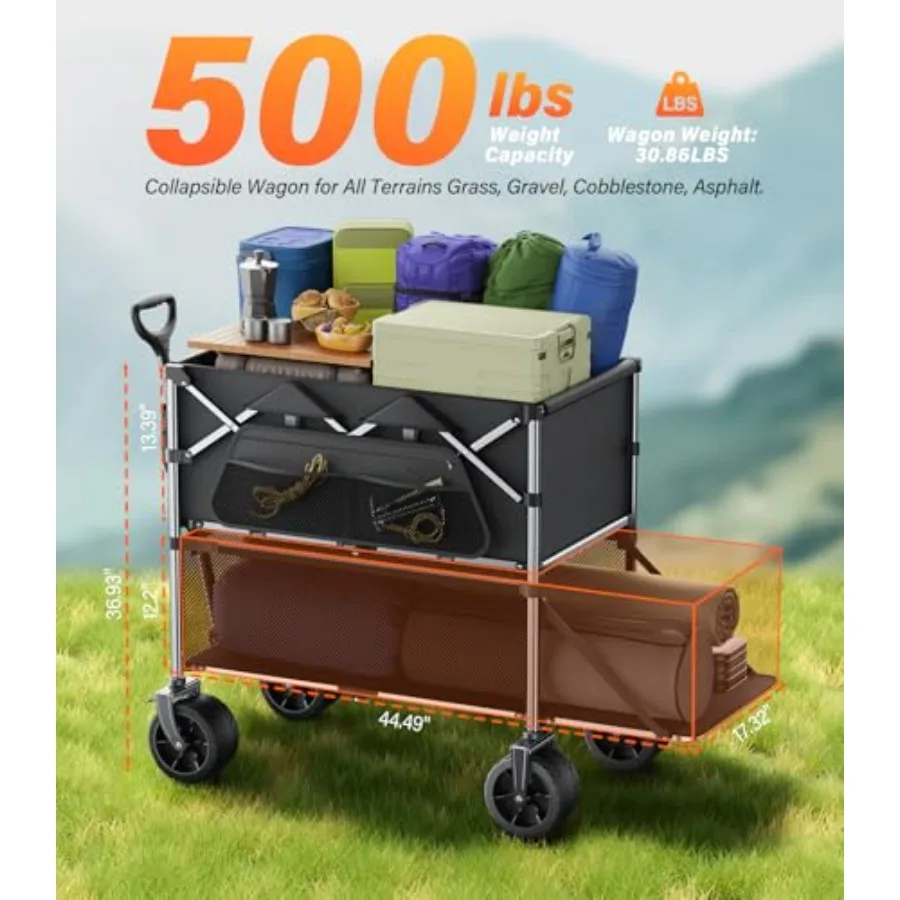 Collapsible Wagon Double Decker, Wagons Carts Foldable, Heavy Duty Wagon Camping Sports Garden Grocery, Utility Wagon for All T