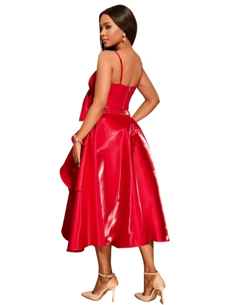 Red Dress Sets Off Shoulder Design with Large Bow Layered Ruffle Hem Asymmetric Silhouette Perfect for Galas Special Occasions