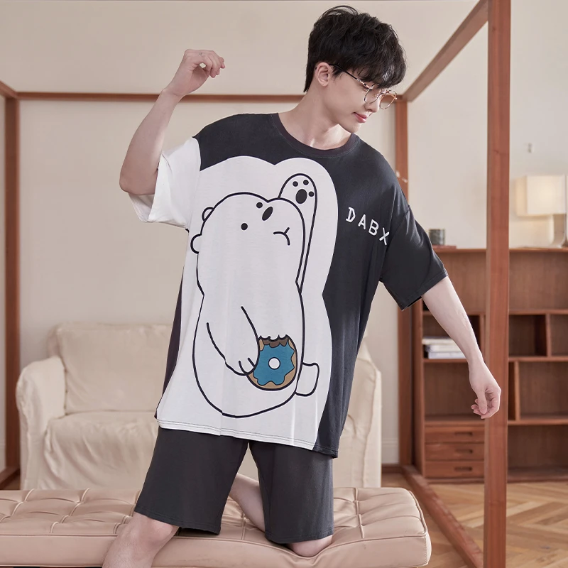 Summer Women Men Pijama Sets Adult Korean Loose Sleepwear Pyjama Cartoon Bear Male Loungewear Homewear Cotton Night Wears