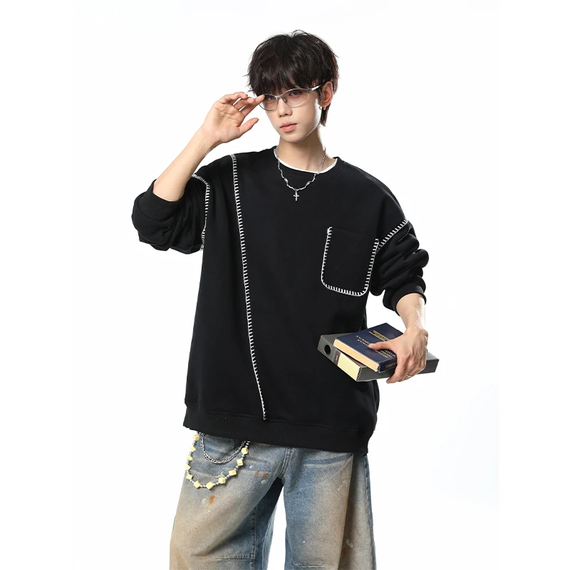 2026 Autumn Brand Men's Round Neck Pullover Sweatshirt Korean Style Stitched Pocket Large Size Clothing Loose Casual Sweatshirt
