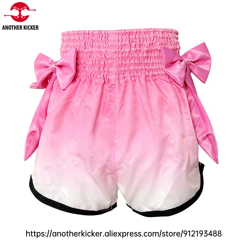 Pantalones Cortos de Muay Thai con Lazo Rosa Degradado, Pantalones de Boxeo Tailandés para Mujeres, Hombres y Niños, Pantalones de Lucha, Kickboxing, Gimnasio, Lucha Libre, MMA, con Lazo