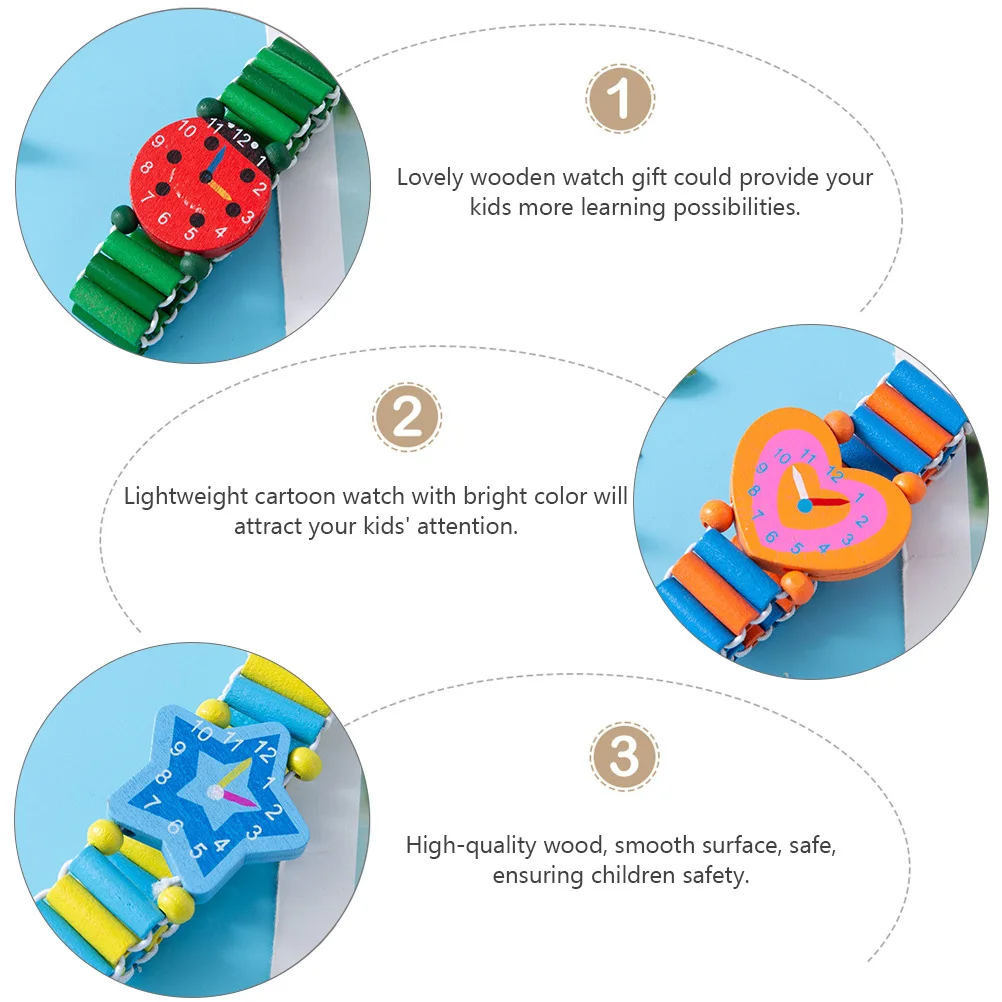 6pcs Watch Wooden Educational Plaything Cartoon Watches Bright Colors Learning Gift For Birthday Holiday