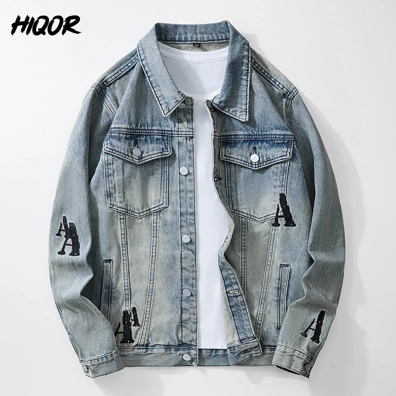 HIQOR Autumn Winter Denim Jackets Men Fashion Letter A Embroidery Design Washed Vintage Men\'s Jacket Coat Oversize Mens Clothing