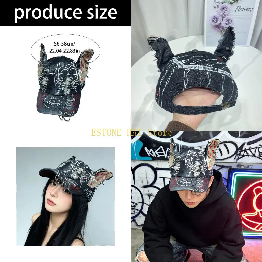 49MF Streetwear Baseball Cap with Animal Ears Adjustable Strap Distressed Hat For Adult Teens Cool Headpiece for Hiphop Dance