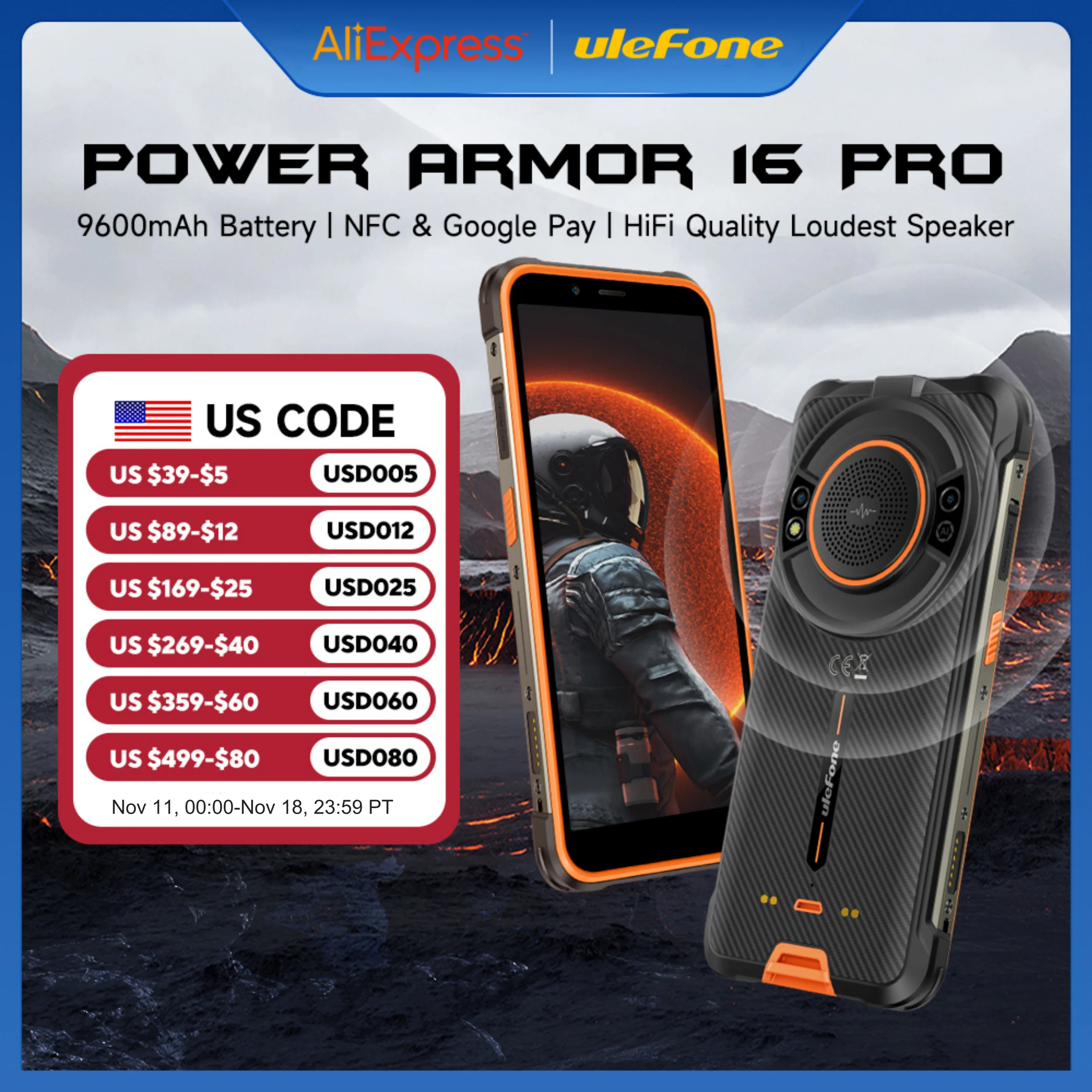 Ulefone Power Armor 16 Pro 9600mAh Rugged Waterproof Smartphone 64G ROM Android 12 NFC  Rugged Phone 2.4G/5G WiFi Global Version