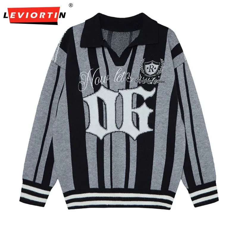 

Men's Trendy Brand Sports Loose Casual Collar Knitted Sweater 06 Number Vertical Stripe Long Sleeve POLO Collar Hooded Sweater