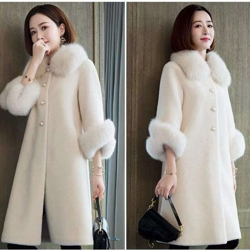 Autumn Winter New Imitation Sheep Shearing Fur Coat Women\'s Mid-length Imitation Fox Fur Collar Loose Granular Fur Imitation Fur