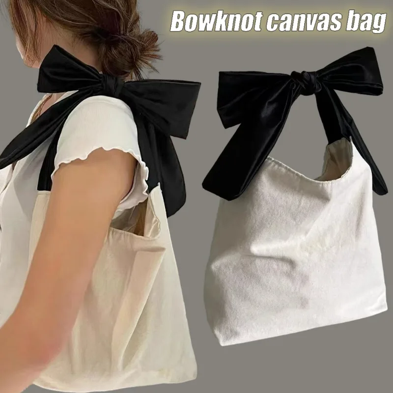 

Bowknot Canvas Bag Women Students Adjustable Cream White Fabric Large Capacity Lazy Handbags Fashion Underarm Shoulder Bag