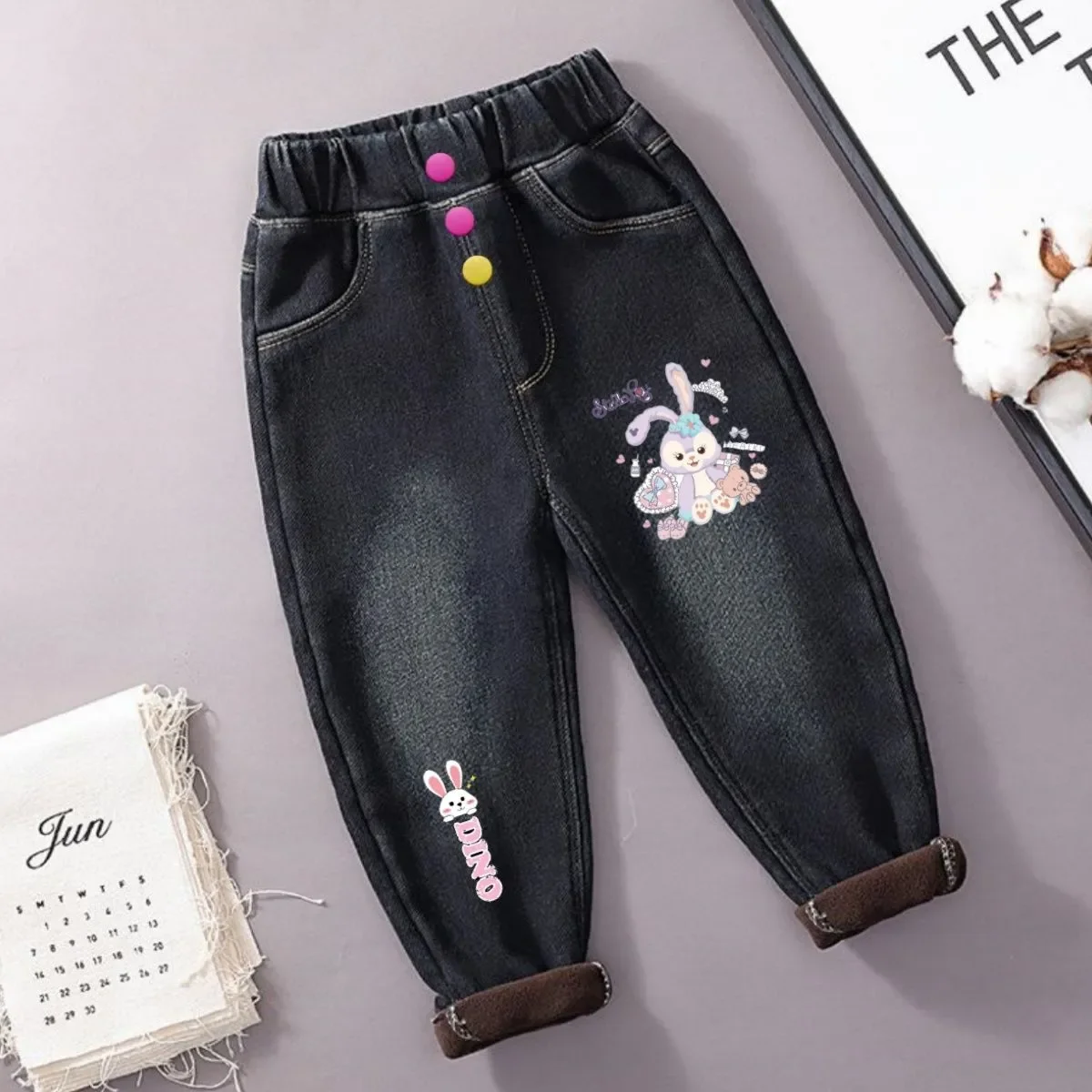 Minnie Mouse Girls Jeans 2024 Winter Baby Kids Thick Velvet Warm Denim Pants Children\'s Clothing Straight Waist Elastic Trousers