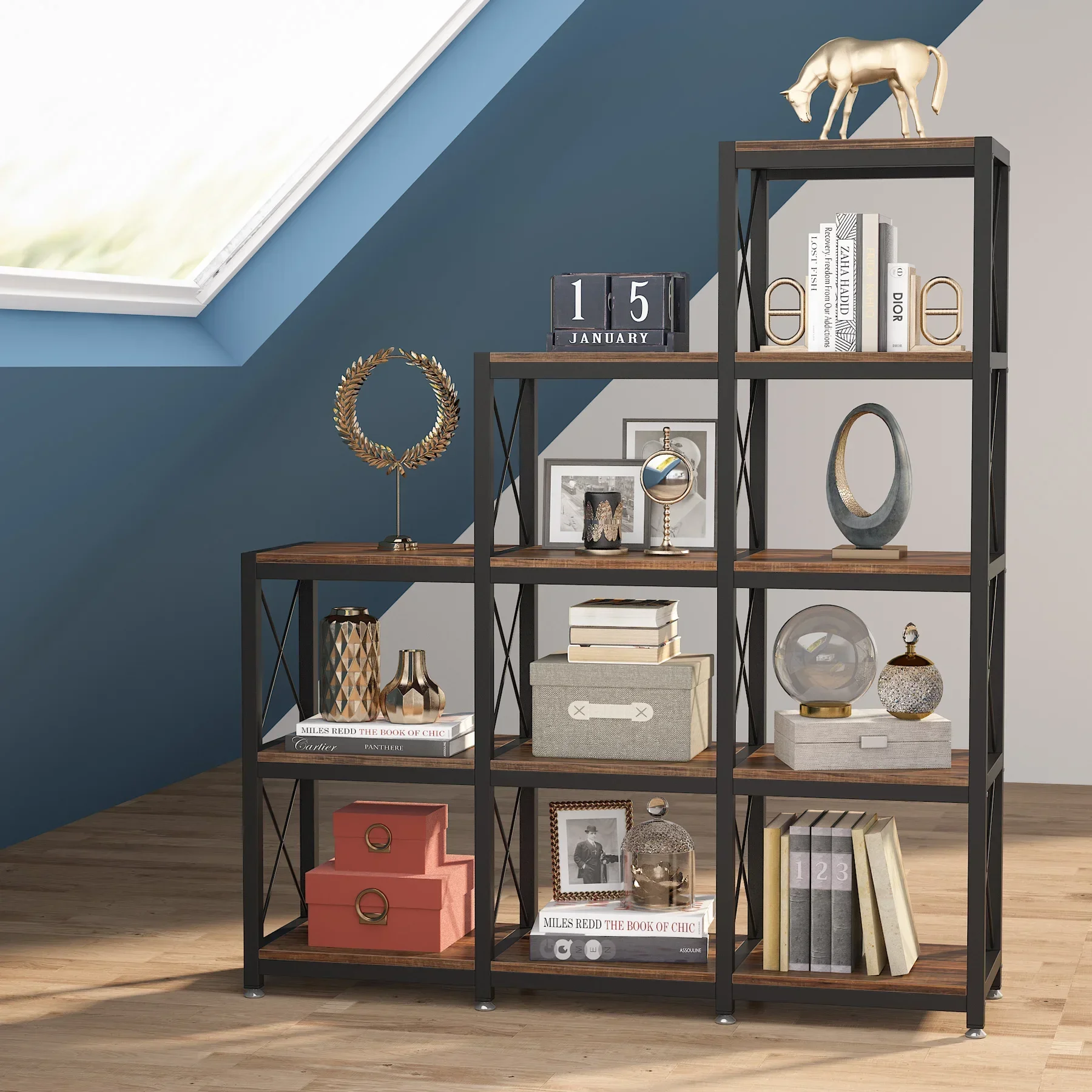 Tribesigns 12 Shelves Bookshelf, Industrial Ladder Corner Bookshelf 9 Cubes Stepped Etagere Bookcase