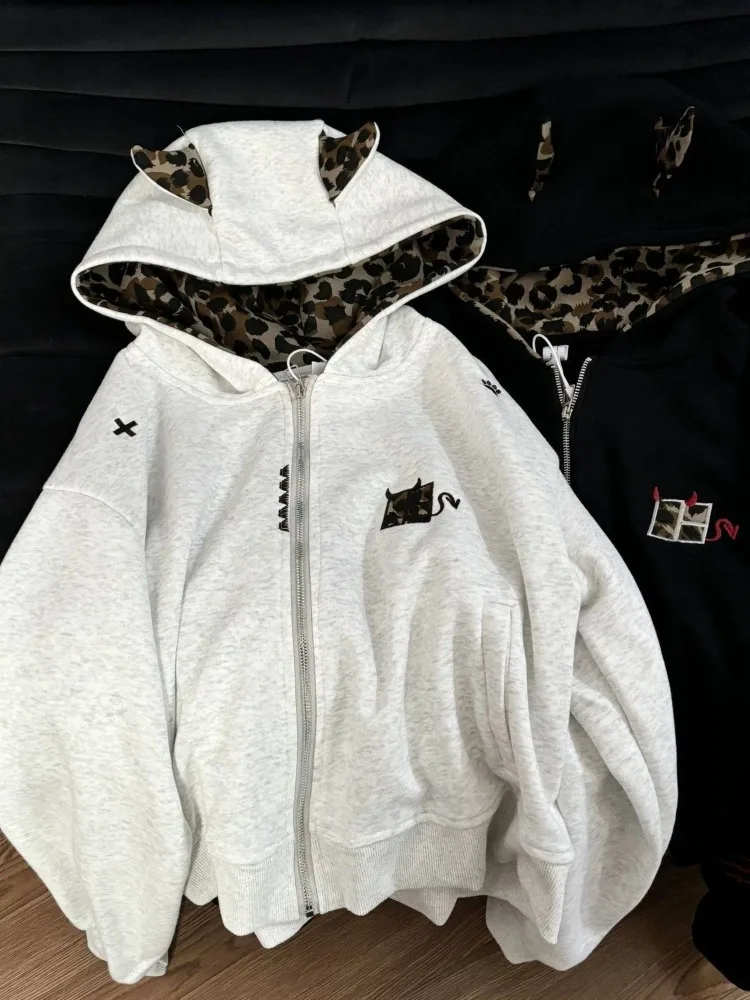 Herbst Winter Leopard Print Patchwork Mit Kapuze Sweatshirt Frauen Casual Lose Zipper Jacke Y2k Harajuku Mode Oberbekleidung Tops Neue