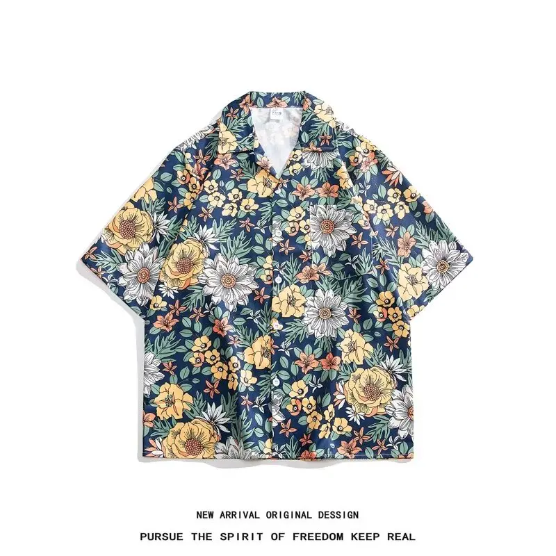 

Мужская рубашка с кубинским воротником и цветочным принтом, свободного кроя, летняя, тонкая, дышащая, молодежная, модная, пляжная рубашка