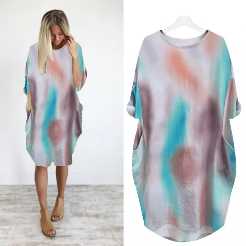 

Factory Direct Sales Foreign Trade Women's Clothing Casual Loose Pockets Long Sleeve plus Size Tie-Dye Print Dress