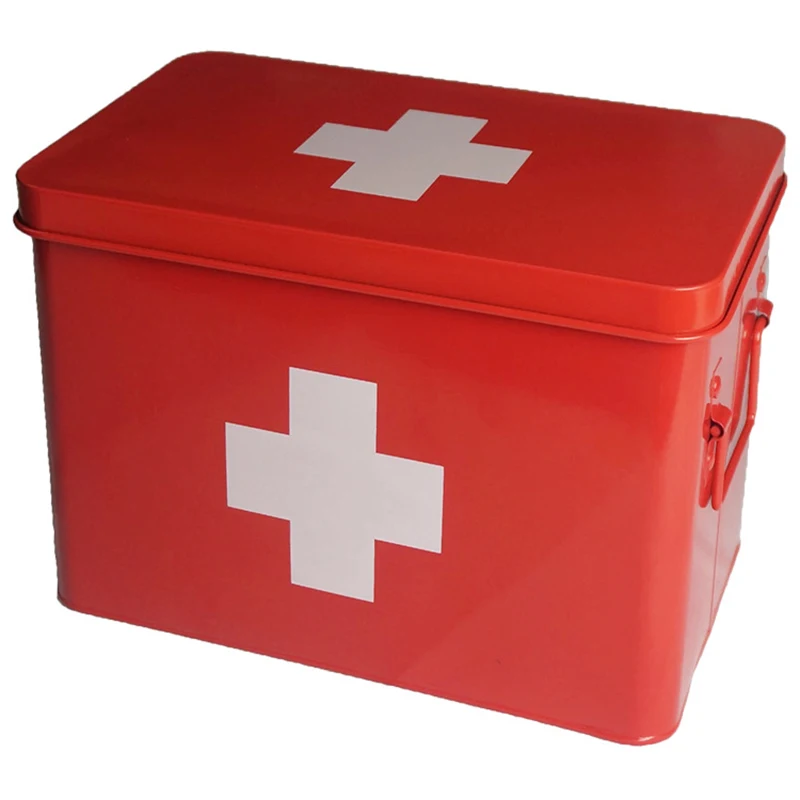 Red With White Cross Metal Medicine Storage Box, Large