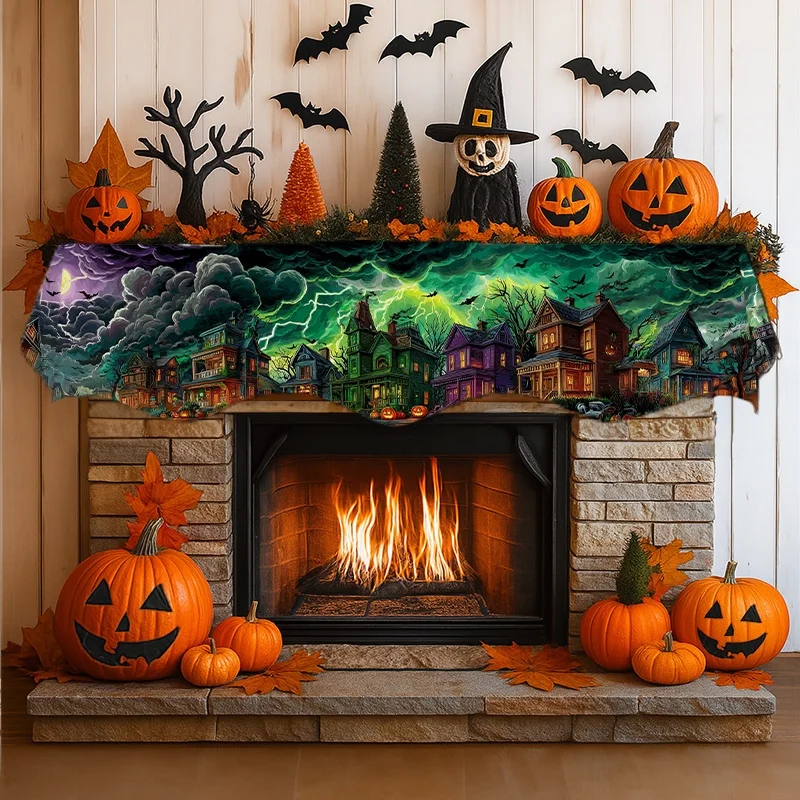 VIKAMA Halloween Fireplace Mantel Scarf Haunted House Bat Mantel Topper Spooky Night Holiday Fireplace Home Party Decoration