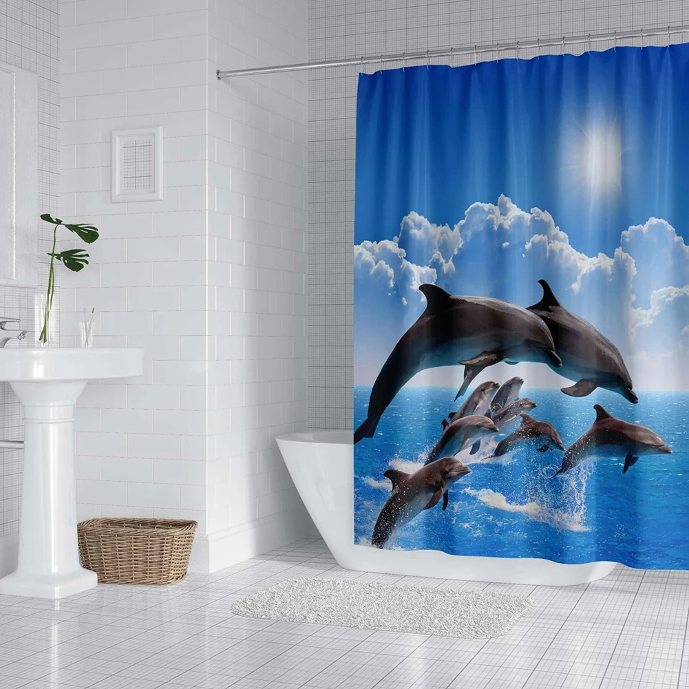 Dolphin Shower Curtain Blue Underwater World Marine Life Polyester Fabric Kids Ocean Theme Bathroom Decor Set with 180 * 180CM