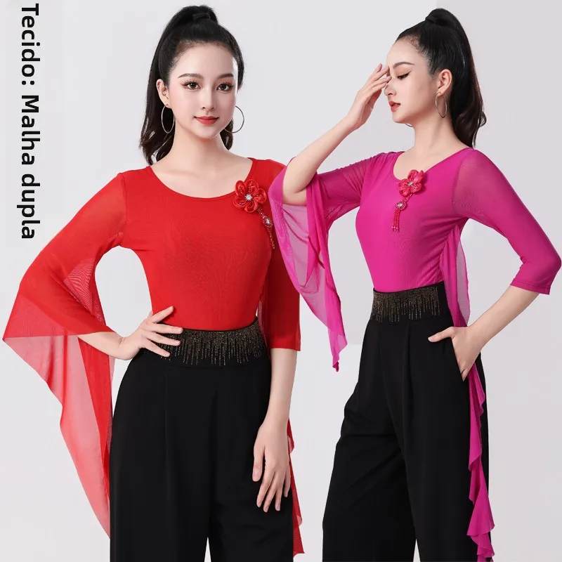 haut-de-danse-latine-manches-cloche-irregulieres-manches-midi-costume-de-spectacle-de-danse-moderne-tenue-de-danse-carree-en-maille-double-couche