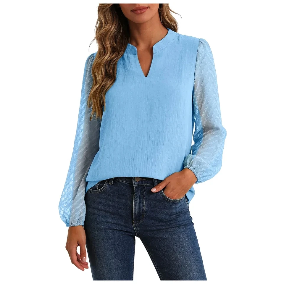

Womens Summer Tops 2026 Long Sleeve Casual Trendy Blouses Loose Tops Ladies Mesh Patchwork Solid Color V Neck Blusa Feminina